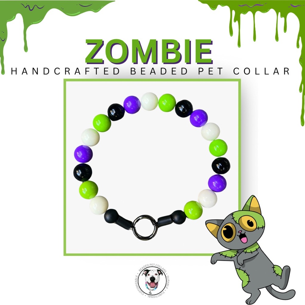 Handcrafted Beaded Dog Collar - The Zombie - White, Purple, Green, Black Beads